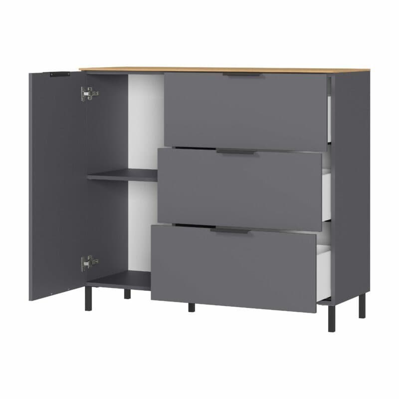 Trendstore Giwon Kommode mit drei Schubkästen und einer Tür geöffnet
