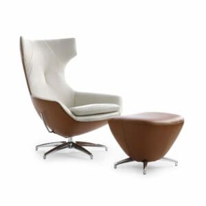 Leolux Caruzzo Sessel mit Bezug aus Leder in Weiß und Cognac und Hocker