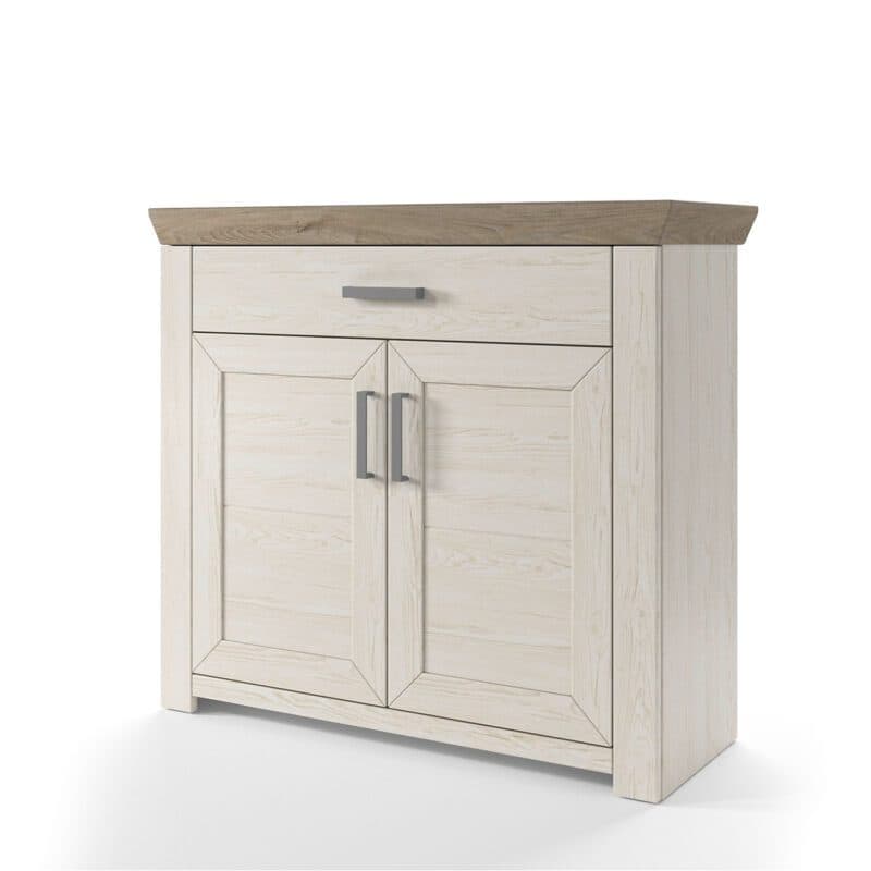 set one by Musterring GA-05 Sideboard mit Deckplatte in Eiche Nelson Nachbildung und Korpus in Dekor Pino Aurelio Nachbildung in seitlich frontaler Ansicht