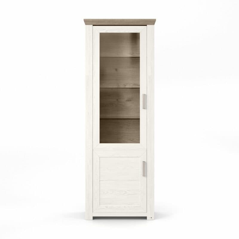set one by Musterring Type 01 Vitrine in Pino Aurelio Dekor mit Deckplatte und Rückwand in Nelson Eiche Nachbildung - frontal