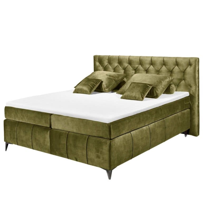 Trendstore Beth Boxspringbett in der Farbe Olive mit Dekokissen