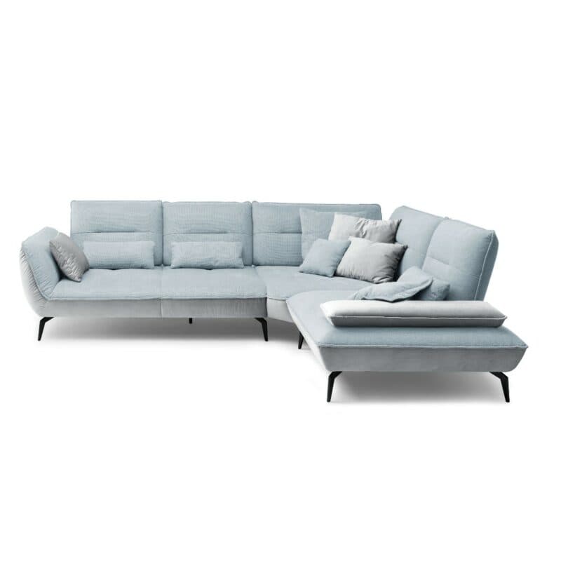 Trendstore Payton Ecksofa in Paris Blau/Grau und Riviera Hellgrau mit Ottomane rechts.