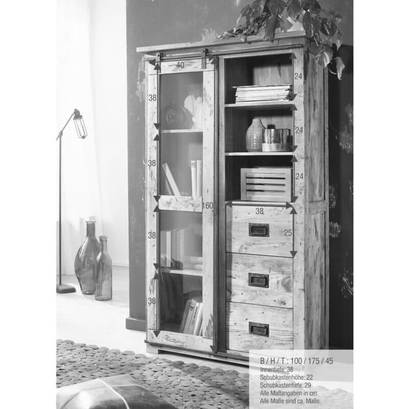 Trendstore Garbi Vitrine mit 1 Tür und 3 Schubladen - Skizze mit Maßen