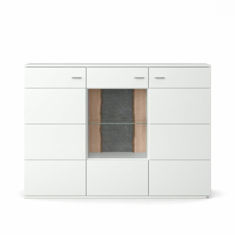 set one by Musterring Tacoma Sideboard 52-A in Arctic weiß mit Rückwand Rindholz Eiche lackiert