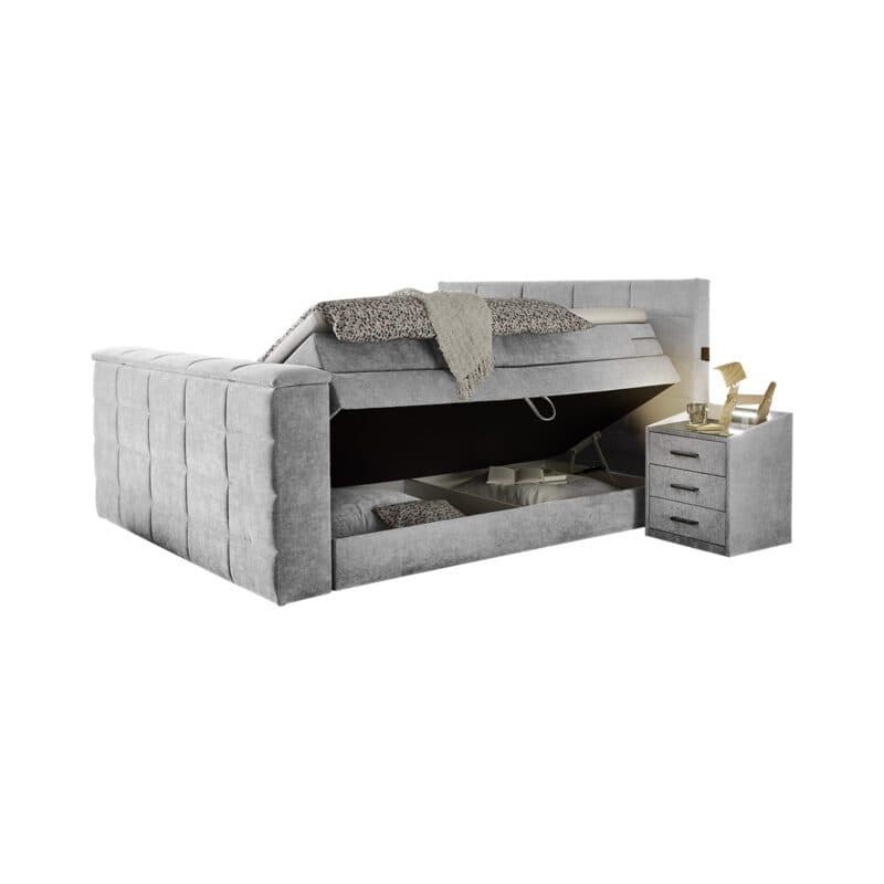 Trendstore Benni Boxspringbett 180 x 200 cm Liegefläche in Bezug Uran 02 silver mit Bettkasten.