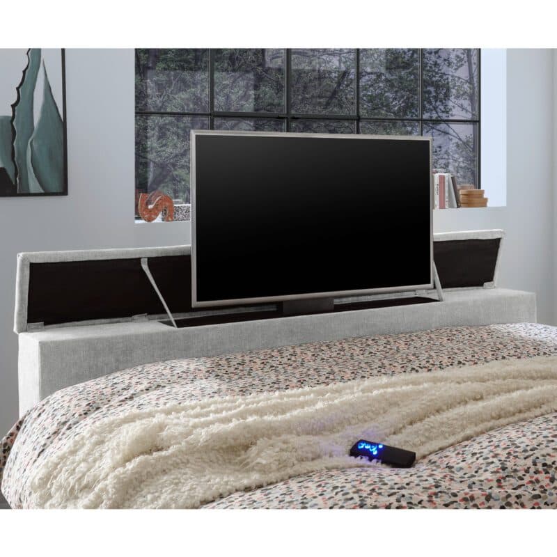 Trendstore Benni Boxspringbett 180 x 200 cm Liegefläche in Bezug Uran 02 silver mit TV-Halterung.