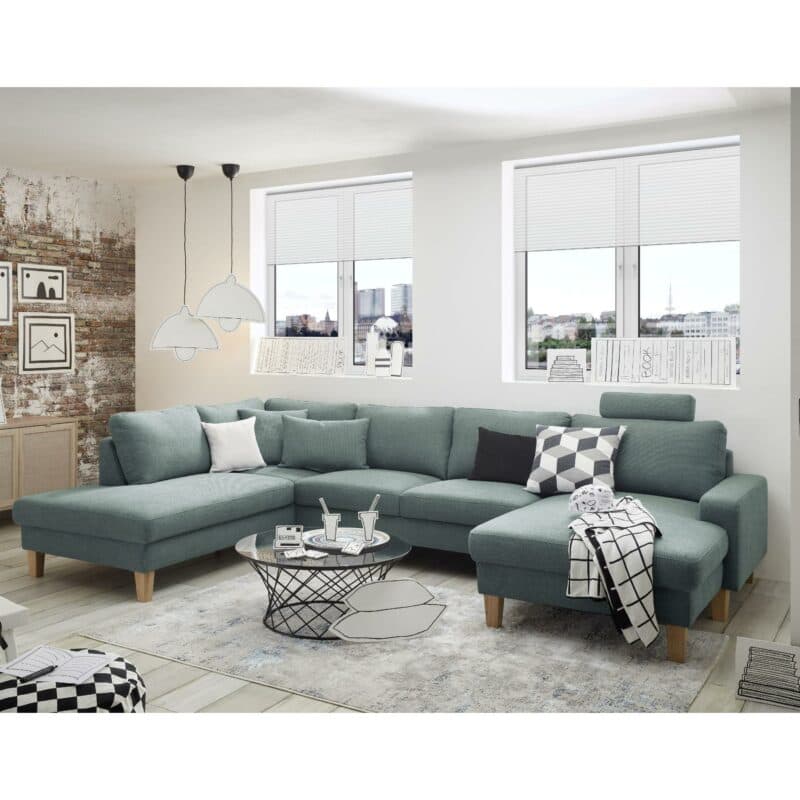 Trendstore Calm Sofa in Bezug Picasso Petrol mit Füßen in Eiche