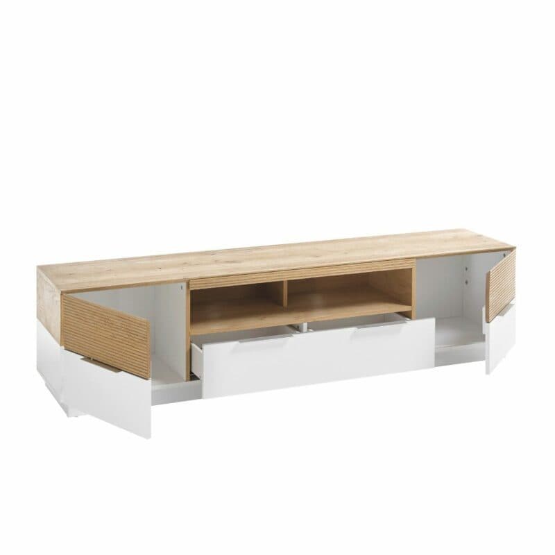 Trendstore Dubai-I Lowboard in Weiß und Eiche in geöffnetem Zustand.