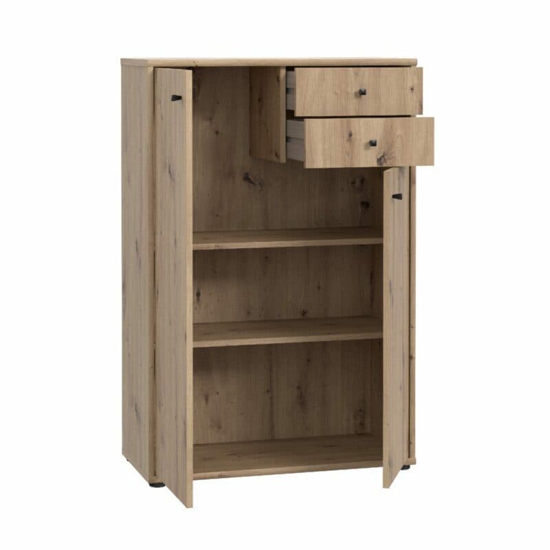 Trendstore Faik Highboard mit drei Türen und zwei Schubladen in Artisan Eiche Dekor in geöffnetem Zustand.