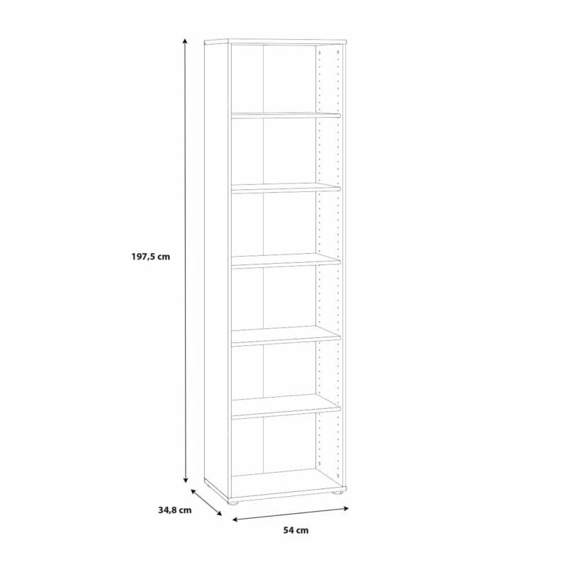 Trendstore Faik hohes Regal mit einer Breite von 54 cm und fünf Einlegeböden als Skizze mit Außenmaßen.