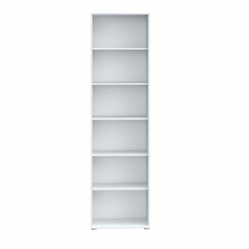 Trendstore Faik hohes Regal mit einer Breite von 54 cm und fünf Einlegeböden in Weiß in frontaler Ansicht.