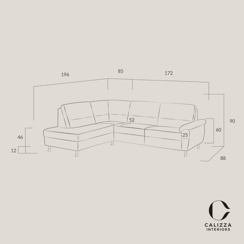 Calizza Interiors Onyx Ecksofa mit Ottomane links - Skizze mit Maßen