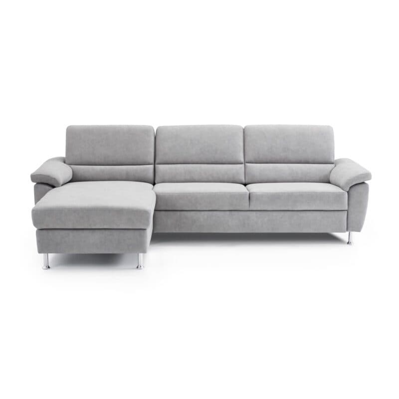 Calizza Ineriors Onyx Sofa mit Bezug Bulus Silver und Ottomane links - frontal