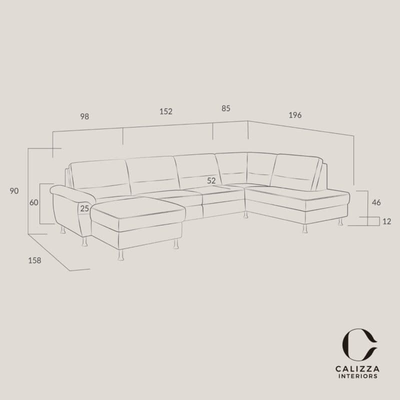 Calizza Interiors Onyx Wohnlandschaft als Skizze mit Maßen - Ottomane links