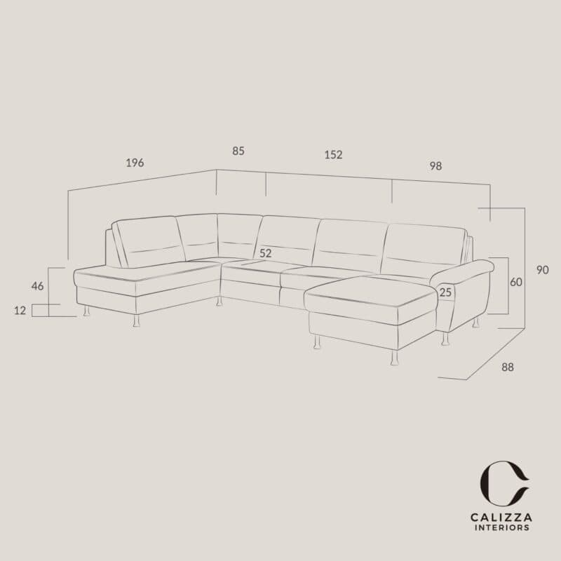 Calizza Interiors Onyx Wohnlandschaft als Skizze mit Maßen - Ottomane rechts