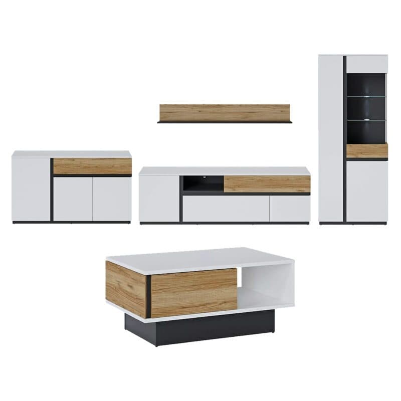 Trendstore Walea 5-teiliges Wohnzimmer-Set mit Couchtisch, Sideboard, Lowboard, Wandregal und Vitrine mit Beleuchtung.