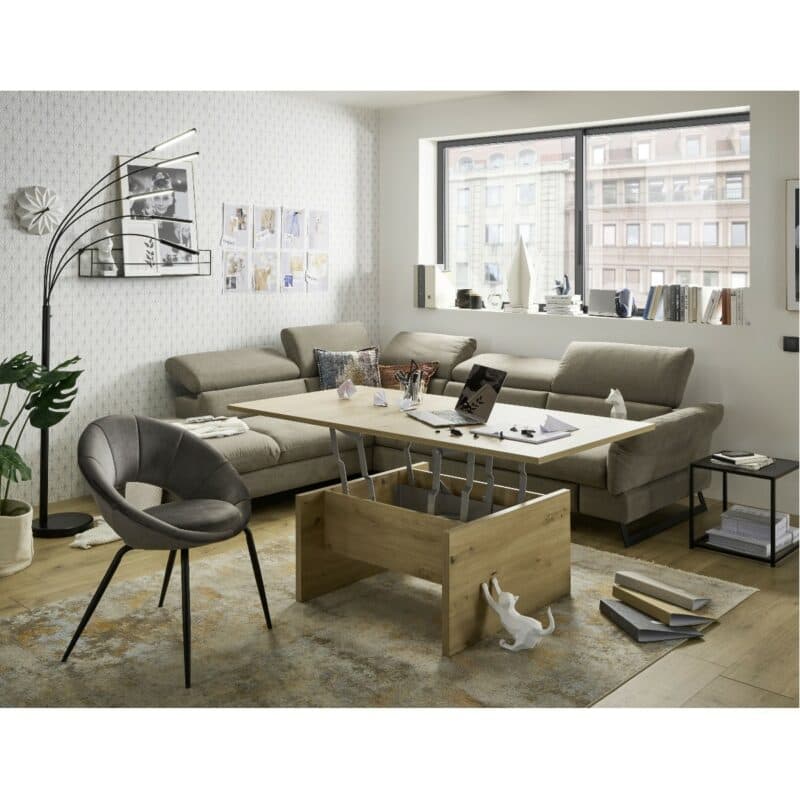 Trendstore Cassandra Ecksofa mit Bezug Webstoff Taupe und Ottomane links – Wohnbeispiel