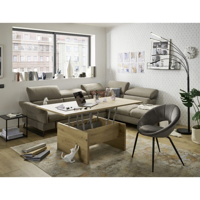 Trendstore Cassandra Ecksofa mit Bezug Webstoff Taupe und Ottomane rechts – Wohnbeispiel