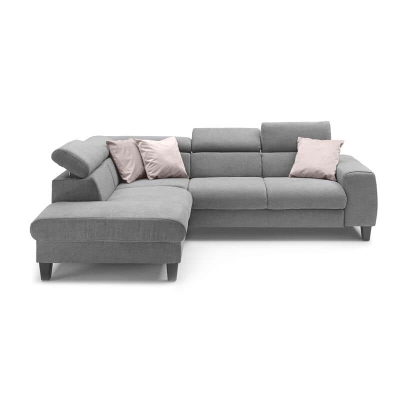 Trendstore Ecksofa Corin mit Bezug Webstoff All Senses Grau und Ottomane links – Kopfstützen variabel