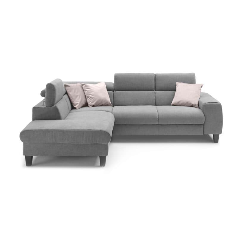 Trendstore Ecksofa Corin mit Bezug Webstoff All Senses Grau und Ottomane links – Kopfstützen variabel