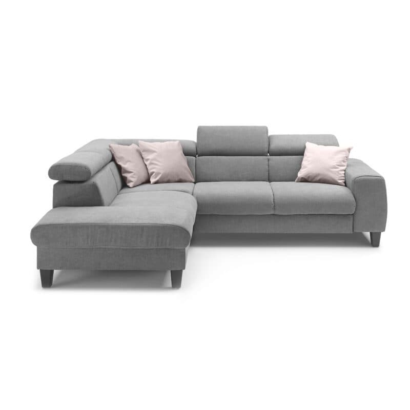 Trendstore Ecksofa Corin mit Bezug Webstoff All Senses Grau und Ottomane links – Kopfstützen variabel