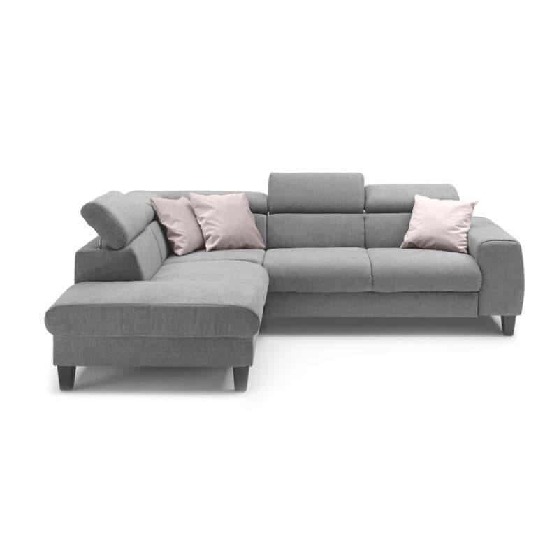 Trendstore Ecksofa Corin mit Bezug Webstoff All Senses Grau und Ottomane links – Kopfstützen variabel