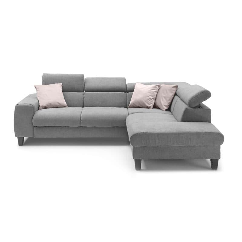 Trendstore Ecksofa Corin mit Bezug Webstoff All Senses Grau und Ottomane rechts – Kopfstützen variabel