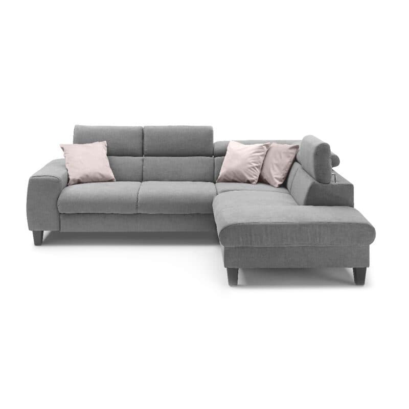 Trendstore Ecksofa Corin mit Bezug Webstoff All Senses Grau und Ottomane rechts – Kopfstützen variabel