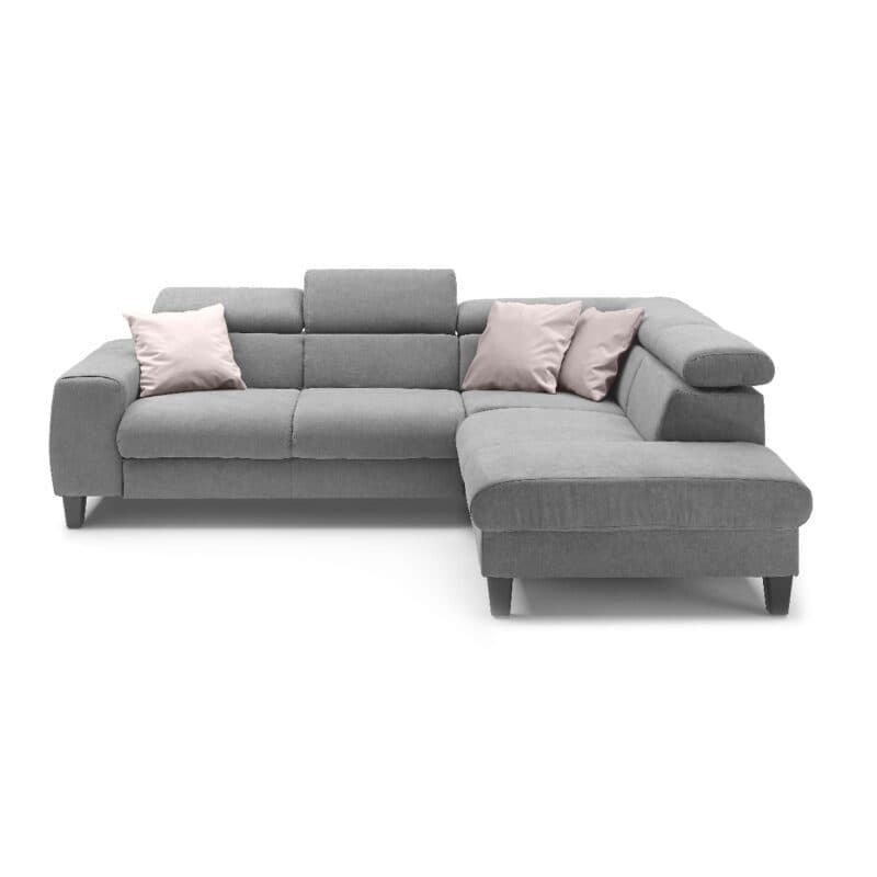 Trendstore Ecksofa Corin mit Bezug Webstoff All Senses Grau und Ottomane rechts – Kopfstützen variabel