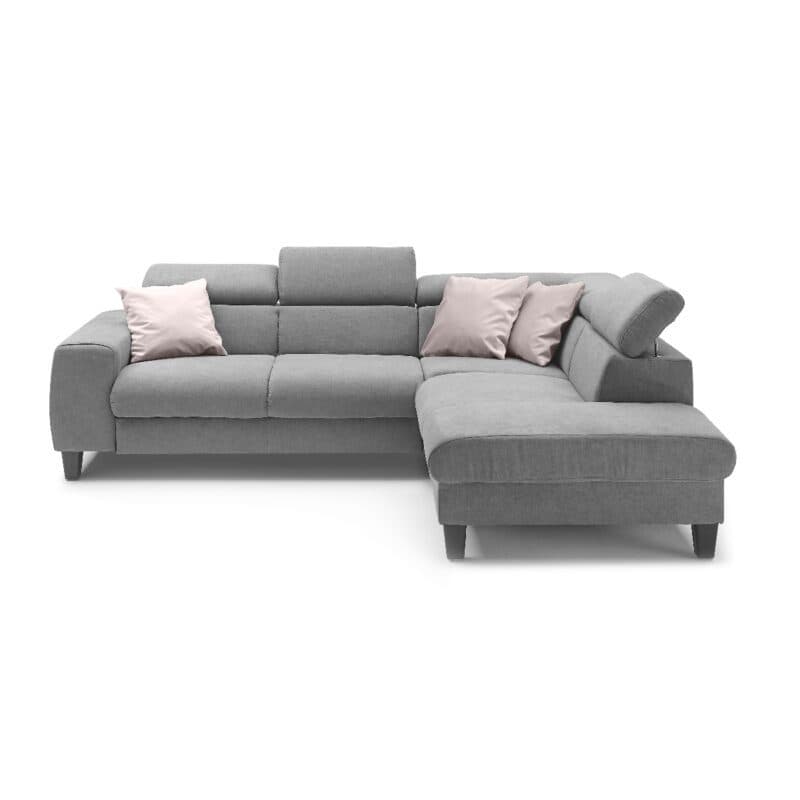 Trendstore Ecksofa Corin mit Bezug Webstoff All Senses Grau und Ottomane rechts – Kopfstützen variabel