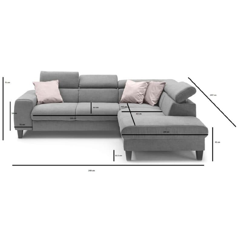 Trendstore Ecksofa Corin mit Bezug Webstoff All Senses Grau und Ottomane rechts – Maße