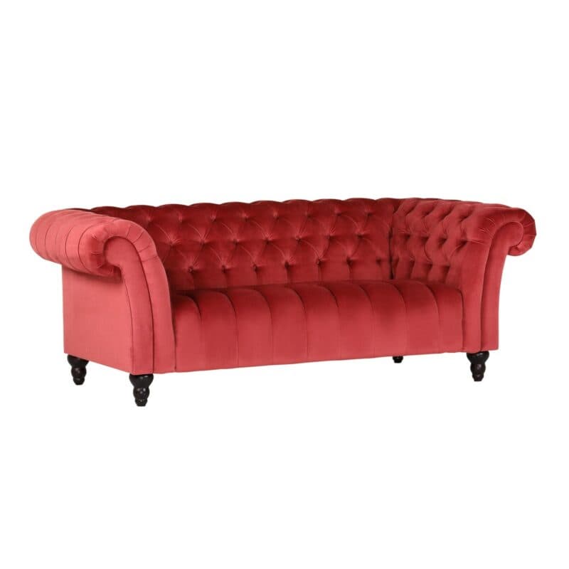 Trendstore Garvin 3-Sitzer-Sofa mit Bezug aus Flachgewebe in Weinrot und Antik-Füße in Schwarz.