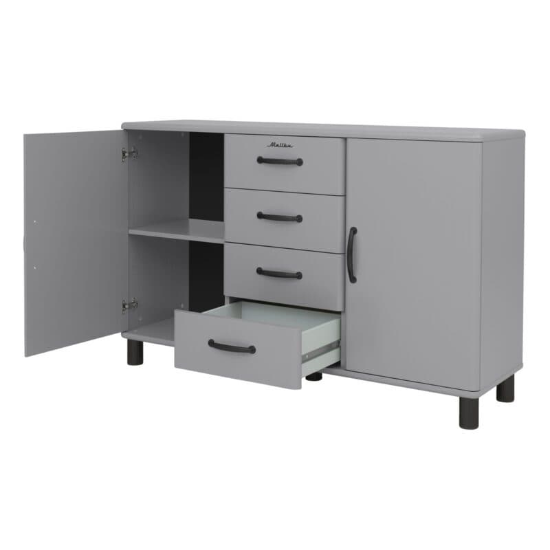Trendstore Malibu Sideboard im 50s Style mit vier Schubladen und zwei Türen in Grau - offen