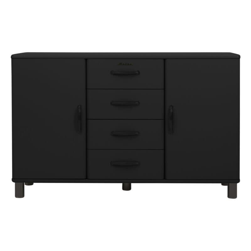 Trendstore Malibu Sideboard im 50s Style mit vier Schubladen und zwei Türen in Schwarz - frontal