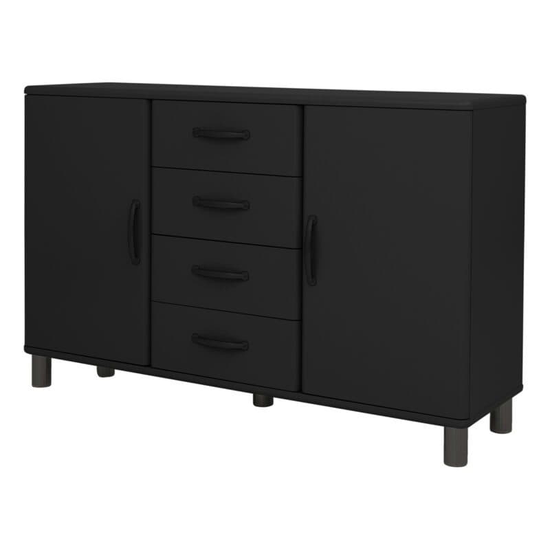 Trendstore Malibu Sideboard im 50s Style mit vier Schubladen und zwei Türen in Schwarz - seitlich