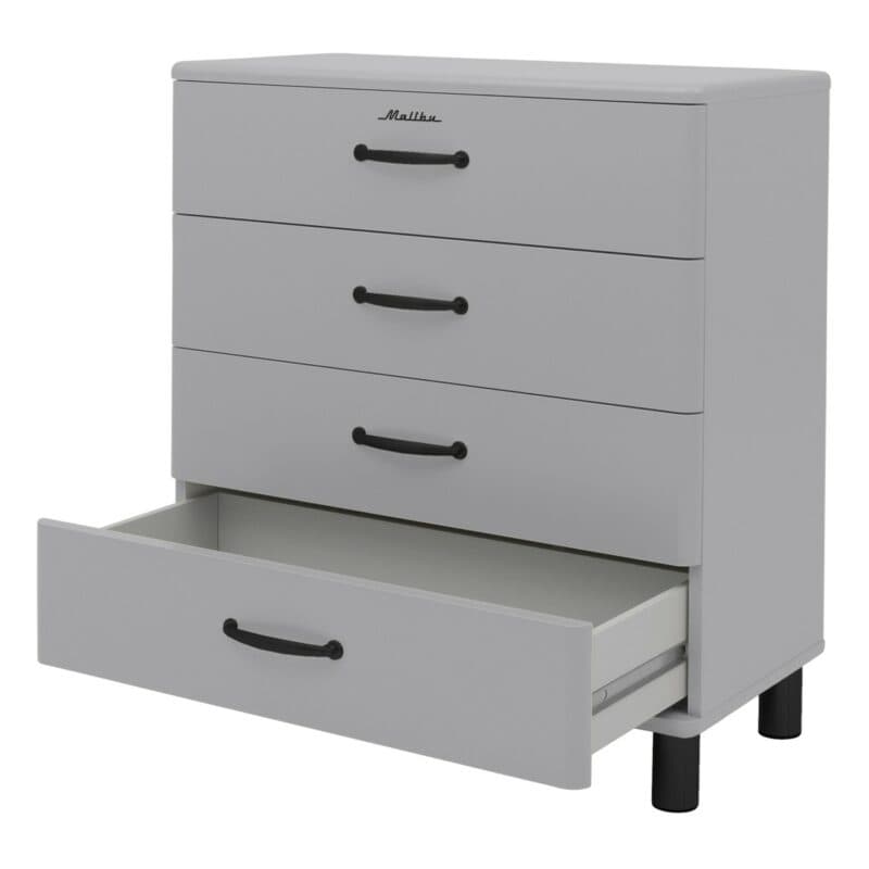 Trendstore Malibu Kommode im 50s Style mit vier Schubladen in Grau mit schwarzen Griffen - offen