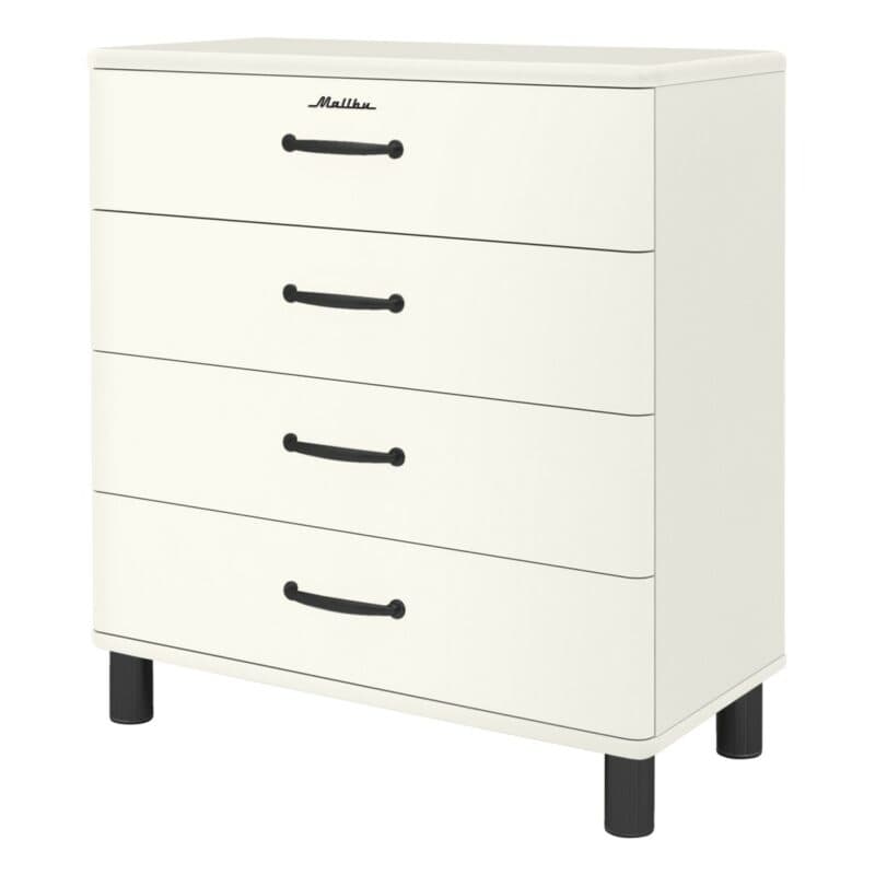 Trendstore Malibu Kommode im 50s Style mit vier Schubladen in Weiß mit schwarzen Griffen - seitlich