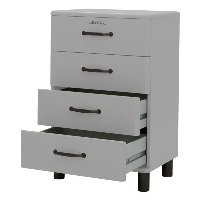 Trendstore Malibu Kommode im 50s Style mit vier Schubladen in Grau mit schwarzen Griffen - offen