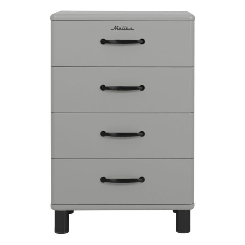 Trendstore Malibu Kommode im 50s Style mit vier Schubladen in Grau mit schwarzen Griffen - frontal