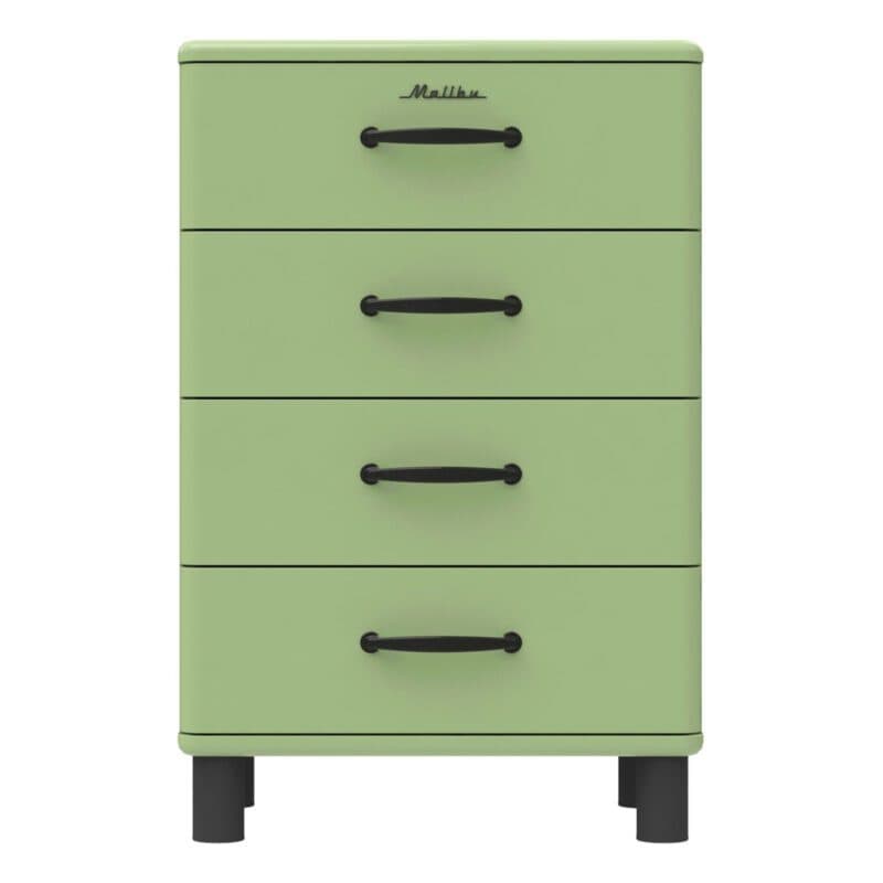 Trendstore Malibu Kommode im 50s Style mit vier Schubladen in Grün mit schwarzen Griffen - frontal