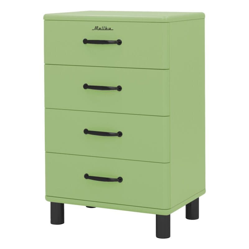 Trendstore Malibu Kommode im 50s Style mit vier Schubladen in Grün mit schwarzen Griffen - seitlich