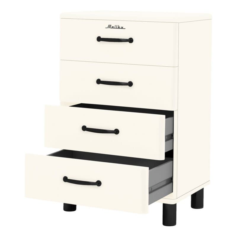 Trendstore Malibu Kommode im 50s Style mit vier Schubladen in Weiß mit schwarzen Griffen - offen