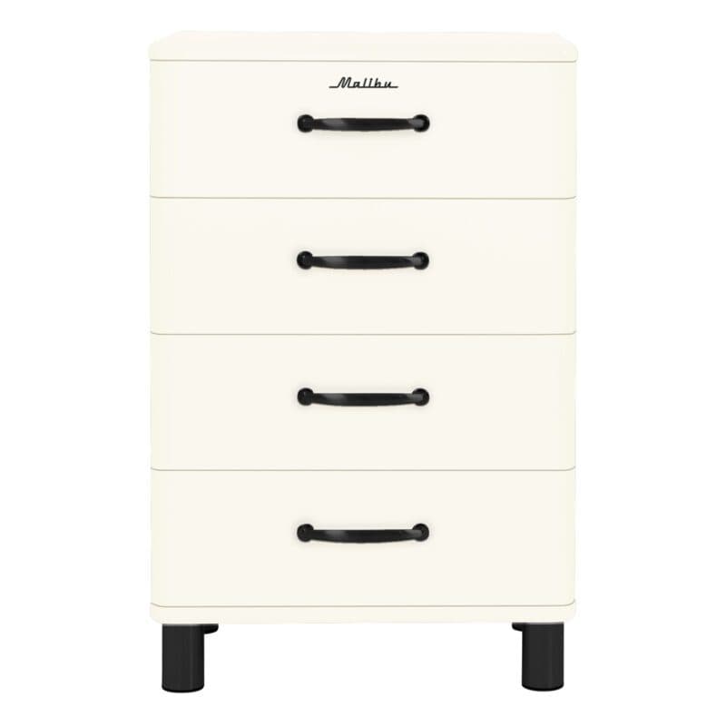 Trendstore Malibu Kommode im 50s Style mit vier Schubladen in Weiß mit schwarzen Griffen - frontal