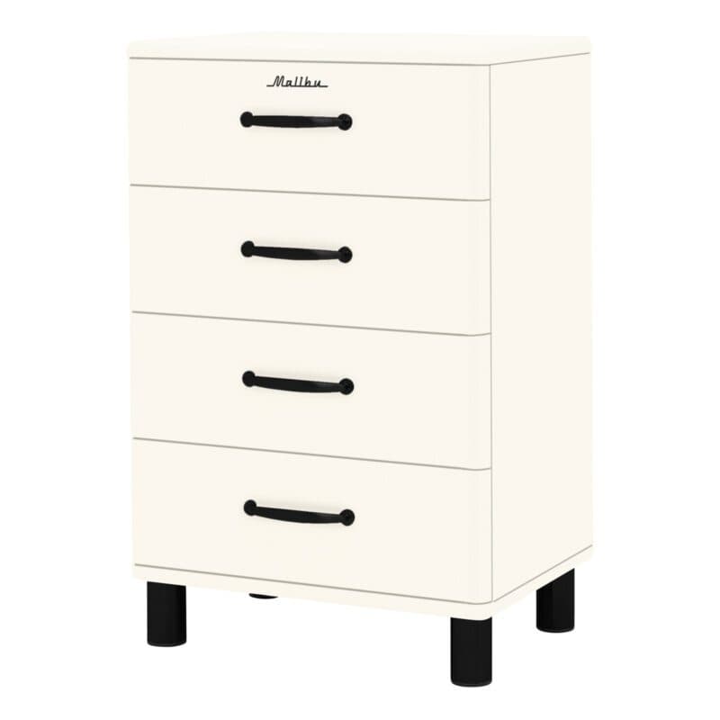 Trendstore Malibu Kommode im 50s Style mit vier Schubladen in Weiß mit schwarzen Griffen - seitlich