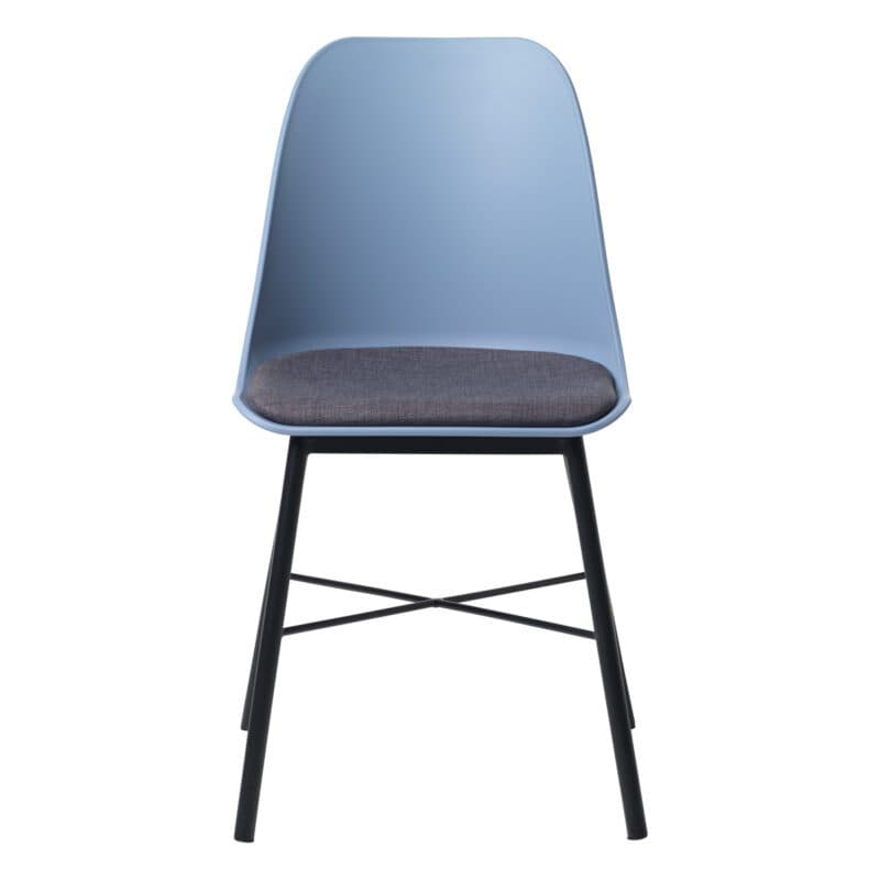 Trendstore Whistler Stuhl mit blauer Kunststoffschale, grauem Sitzpolster und schwarzem Metallgestell.