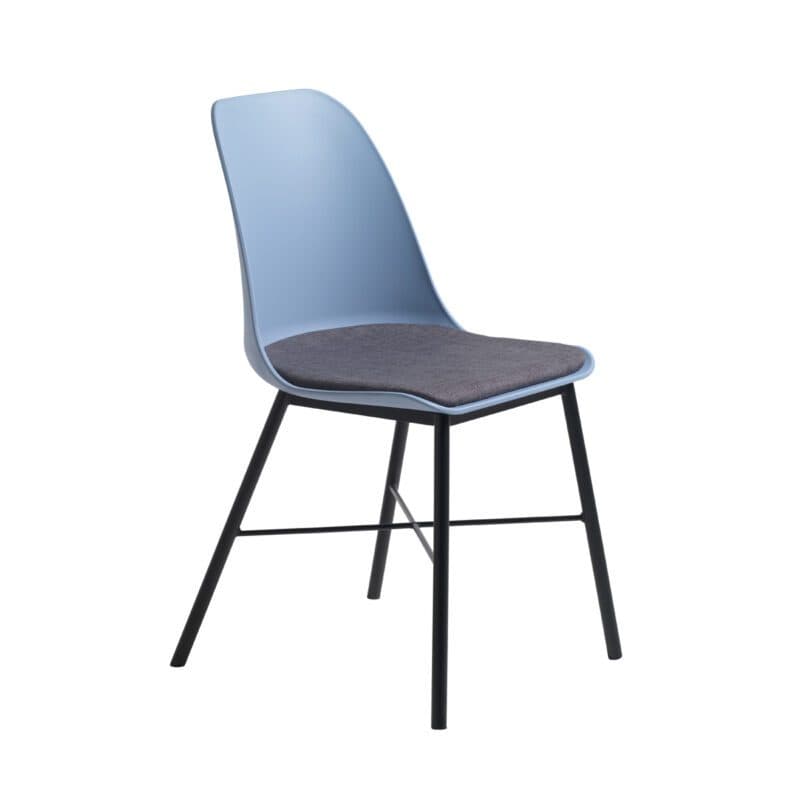 Trendstore Whistler Stuhl mit blauer Kunststoffschale, grauem Sitzpolster und schwarzem Metallgestell.