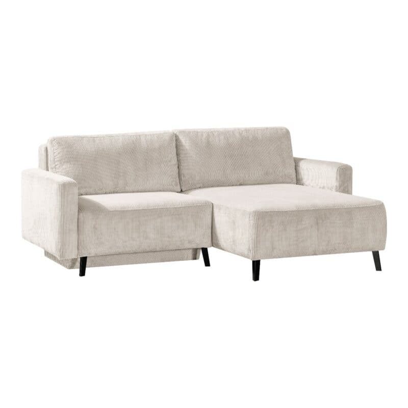 Dixx Divani Ramhusen Schlafsofa mit Cordbezug in Creme und Bettkasten - Freisteller, Ottomane rechts
