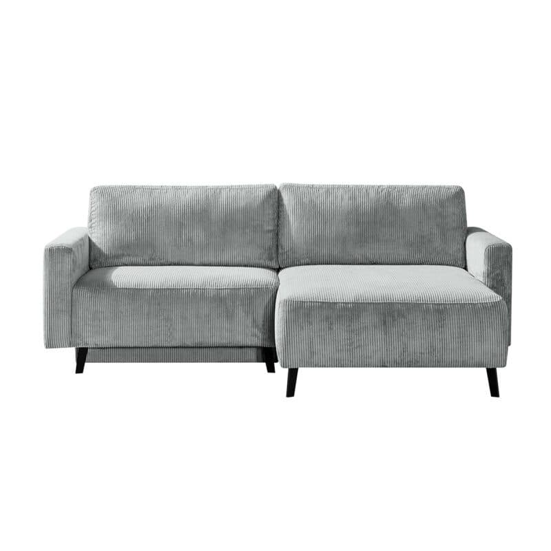 Dixx Divani Ramhusen Schlafsofa mit Cordbezug in Hellgrau und Bettkasten - fronal, Ottomane rechts