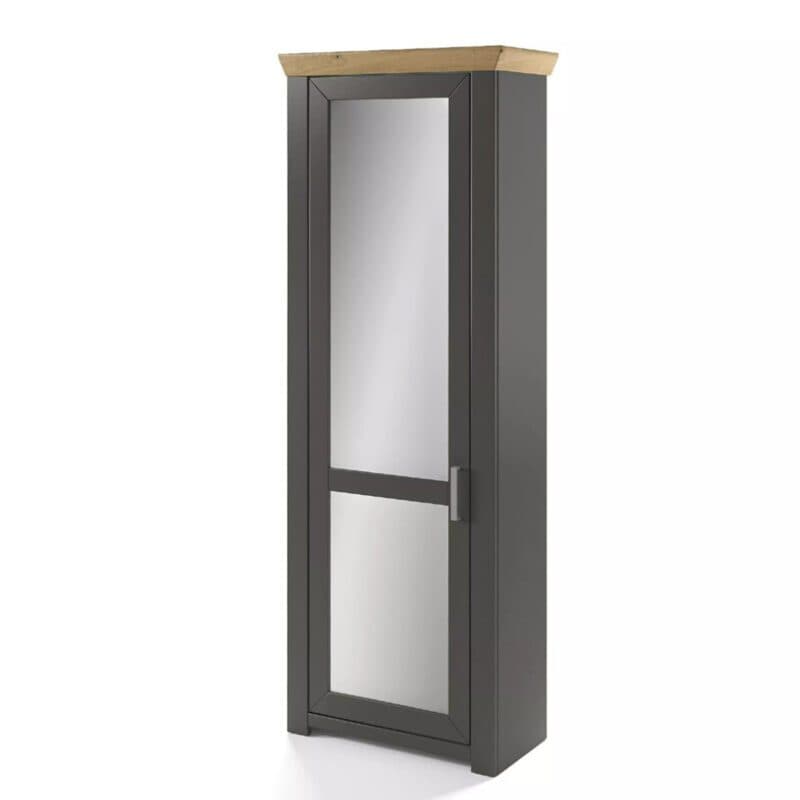 set one by Musterring GA-01 Garderobenschrank mit Spiegel in Artisan Eiche Nachbildung und in Dekor Grau Anthrazit, frontaler Ansicht.