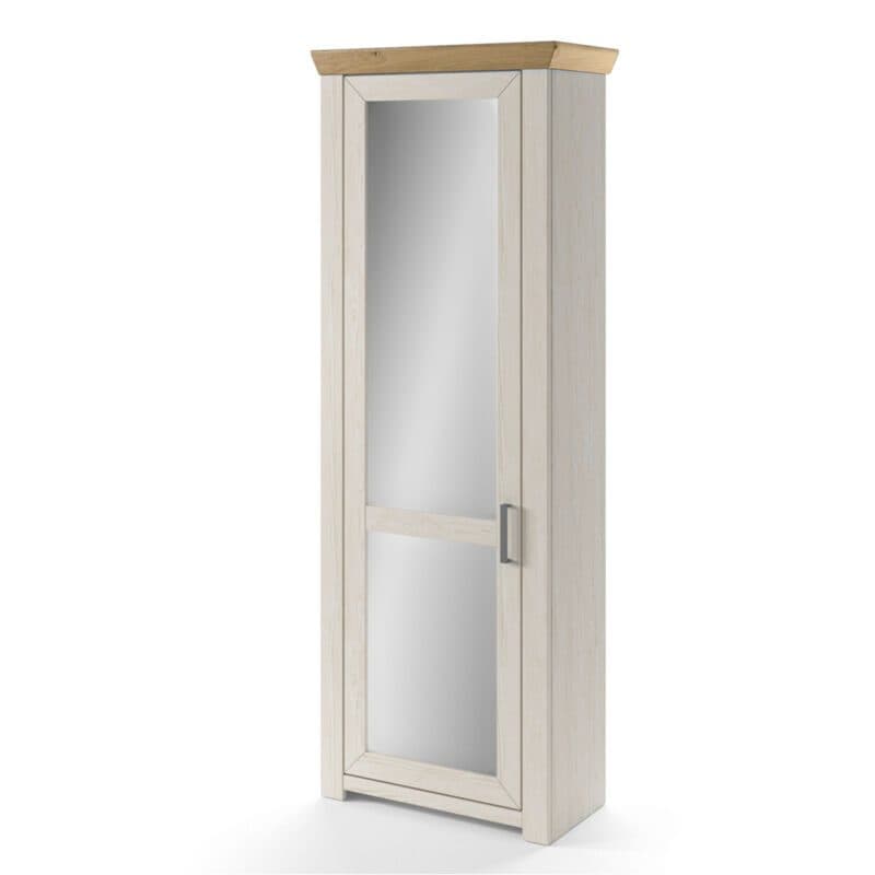 set one by Musterring York Garderobenschrank Typ GA-01 mit Spiegel in Artisan Eiche Nachbildung und in Dekor Pino Aurelio, seitliche frontale Ansicht.